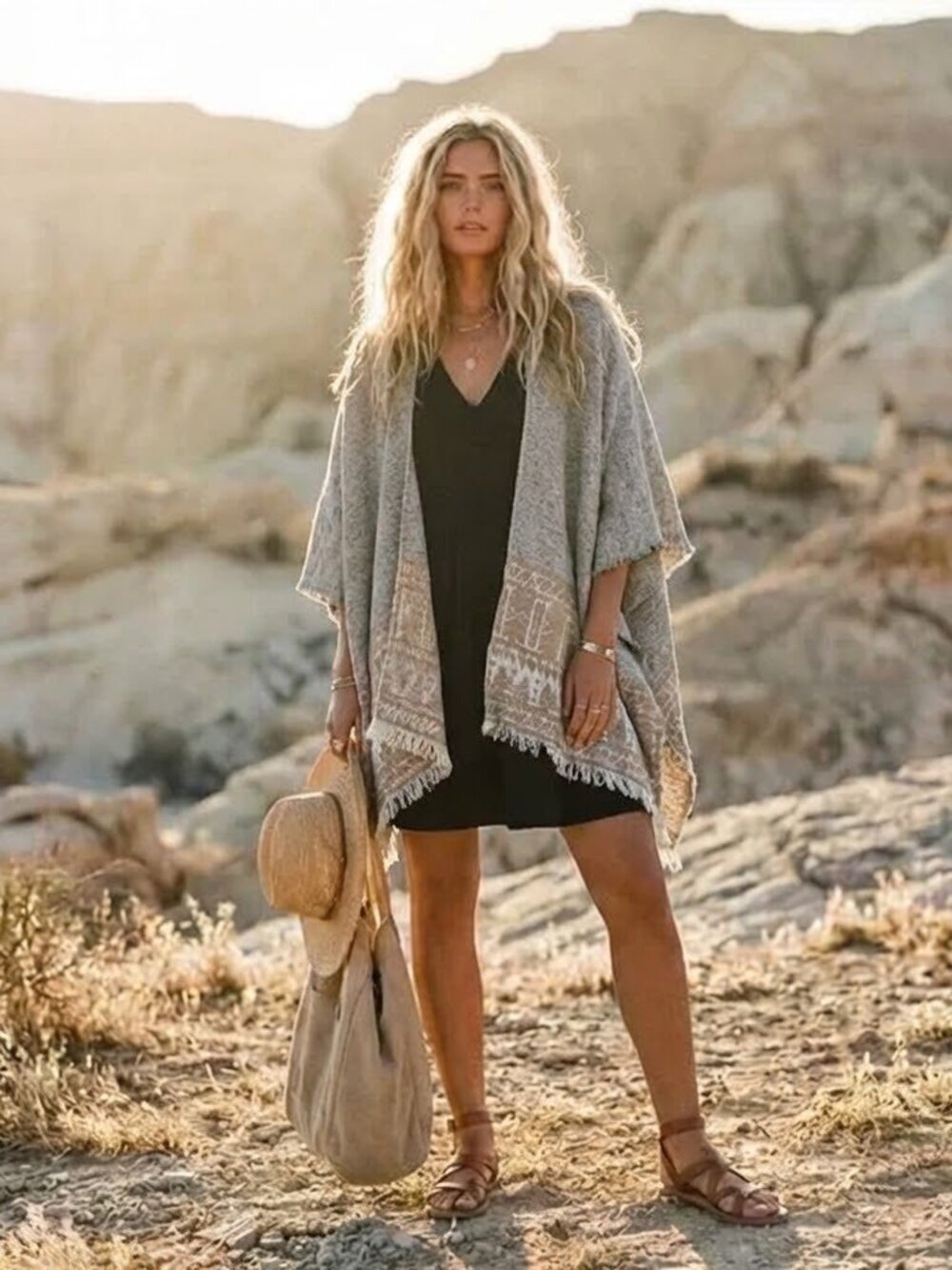 Lucky Brand Gray Boho Fringe Aztec Kimono Wrap Cardigan Poncho Shawl OS